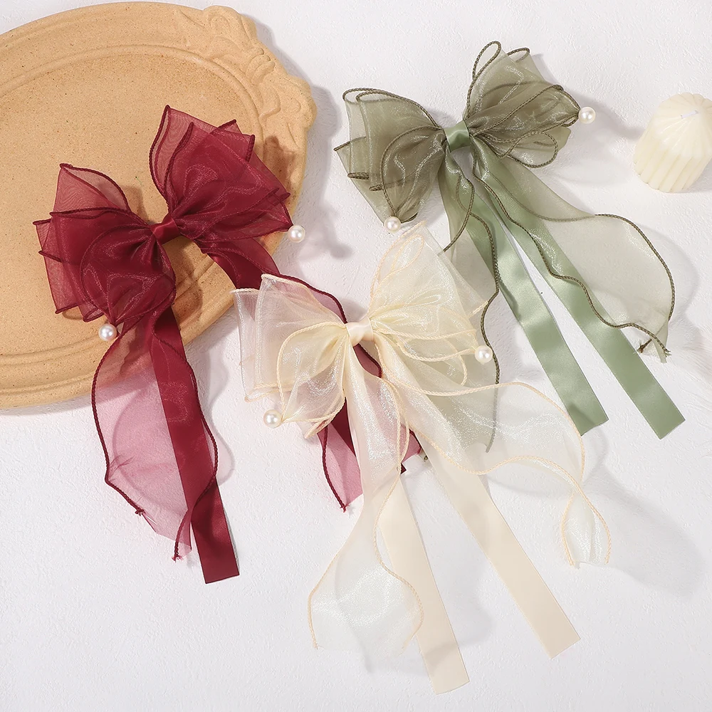 

Elegant Pearl Large Bow Ribbon Hair Clip Women Fashion Simple Satin Spring Clip Ponytail Bow Hairpin Girls Hair Accessories Gift