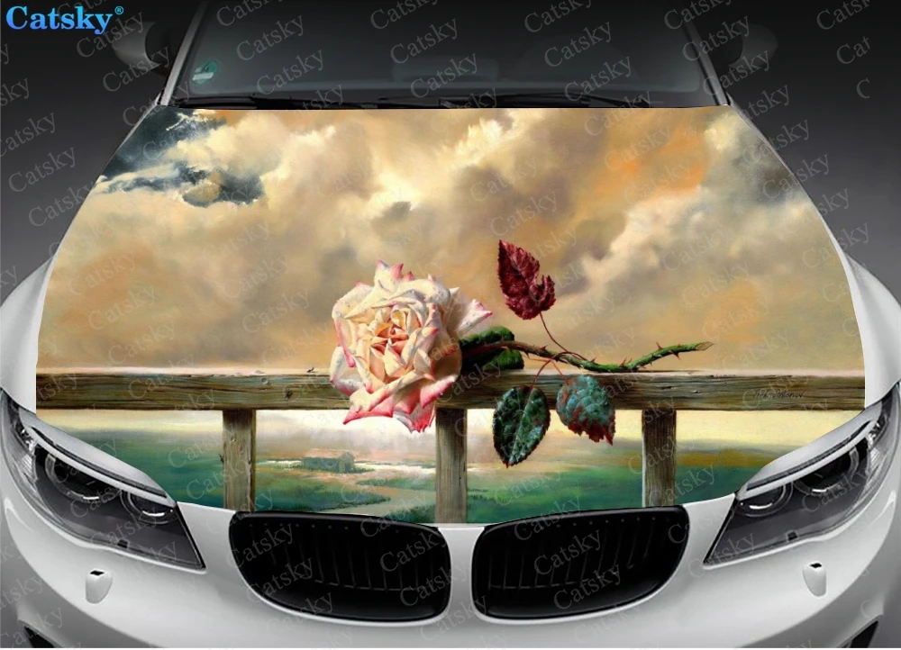 Artistic Painting Rose Custom Car Hood Vinyl Sticker Wrap Film Engine Cover Decals Sticker Car Auto Accessories Decoration Gift