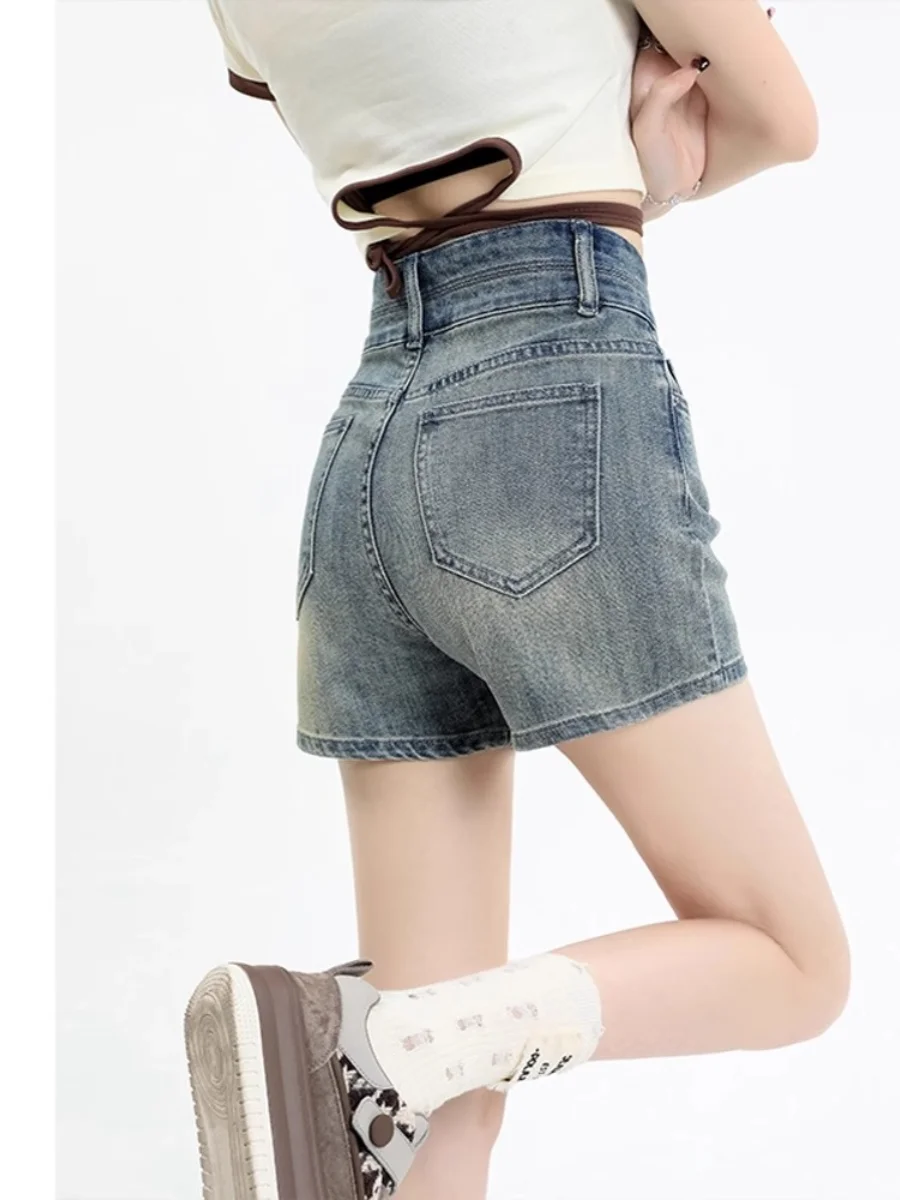 

High Waist A-Line Wide Leg Jeans Shorts Women's Summer Slimming Retro Blue Cotton Stretch Denim Zipper Fly Casual Pants