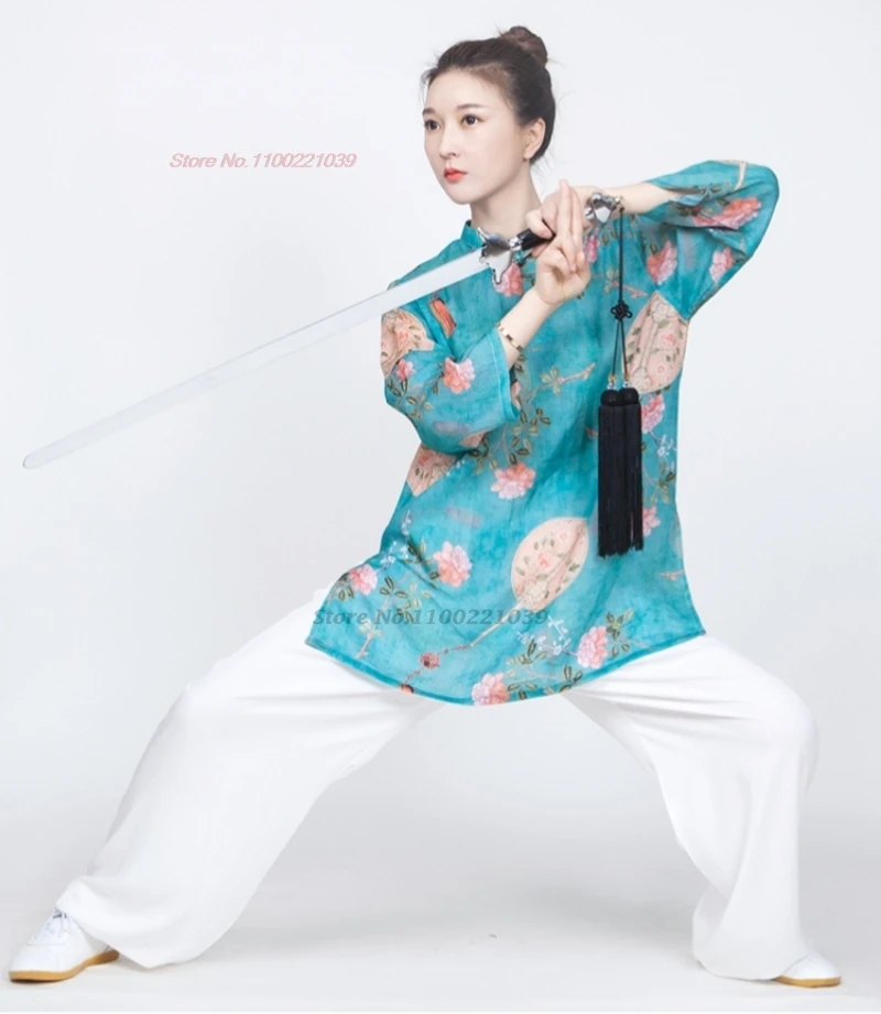 2025 chinese kung fu tai chi martial arts clothes traditional taijiquan practice flower print cotton linen suit outdoor sports