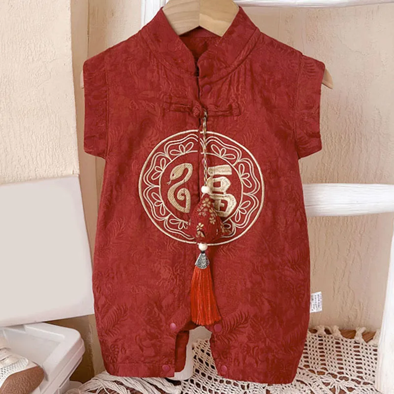 

Summer Baby Newborn Items Boys Clothing Chinese Style Embroidery Red Birthday Sleeveless Jumpsuits Rompers Infant ostume B024