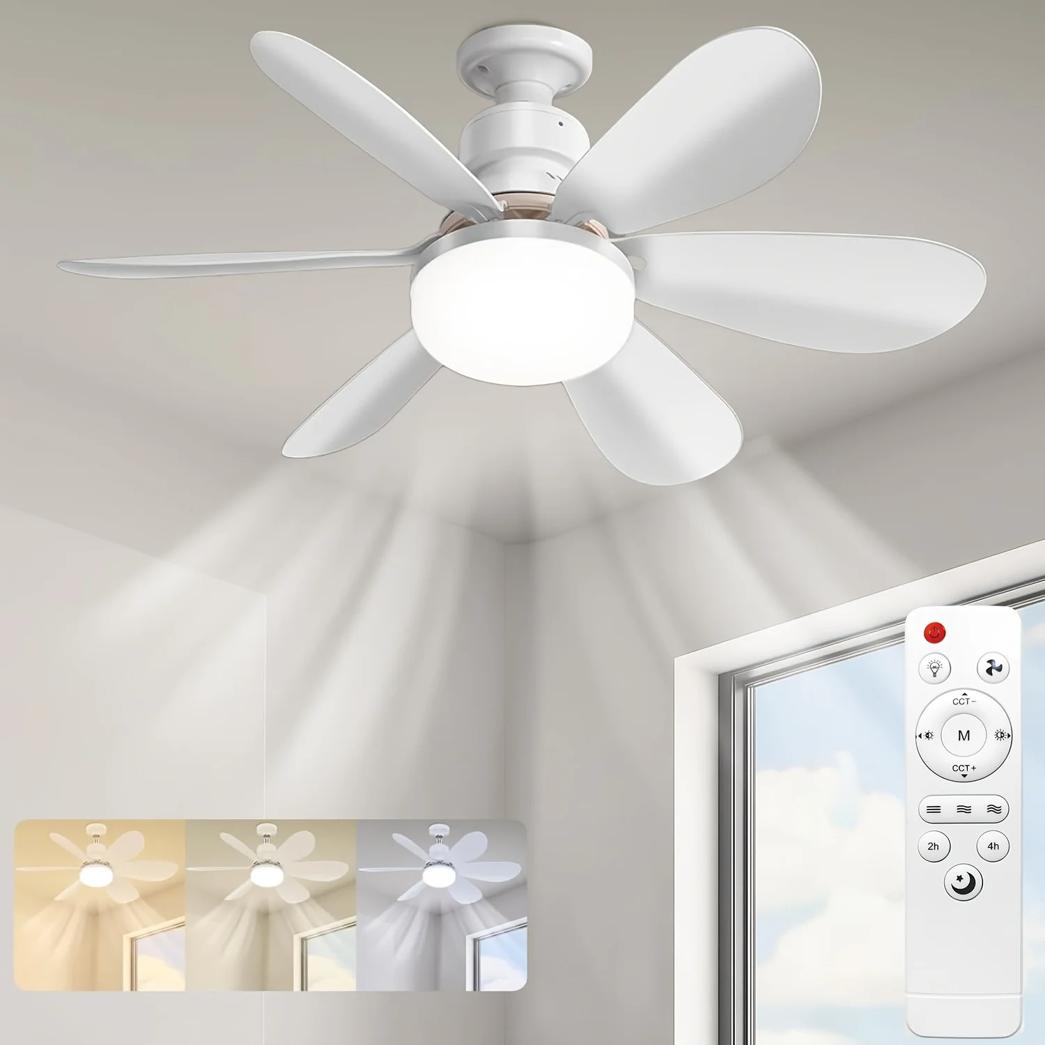 Ceiling Fan Light E27 Remote  3 Speed Silent 3 Color Dimmable Tool Free Install For Bedroom Living Room Kitchen Garage Office