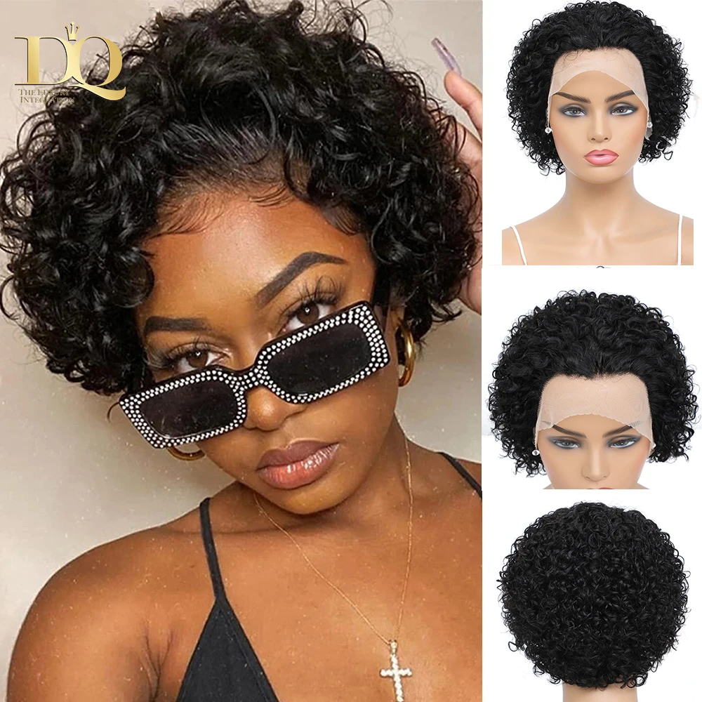 Short Curly Lace Wigs Pixie Cut Lace in Front  Wig For Black Burgundy Color Women Brazilian Remy Real Hair 150% Density