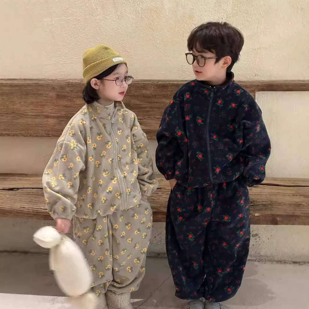 

Baby Girls Boys Velvet Clothes Sets Toddler Kids Floral Coat+Pant 2pcs Suit 2024 Autumn Winter Children's Clothing Korean Style