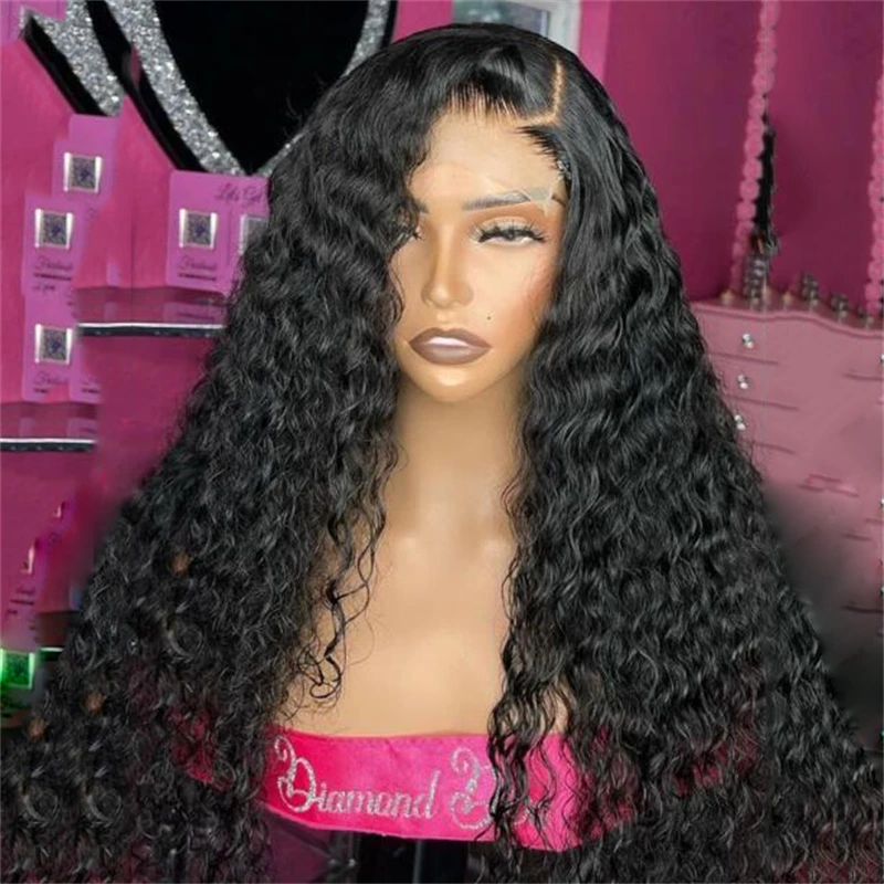 

Soft Glueless Natural Black 180Density 26inch Long Kinky Curly Deep Lace Front Wig For Women With Baby Hair Preplucked Daily