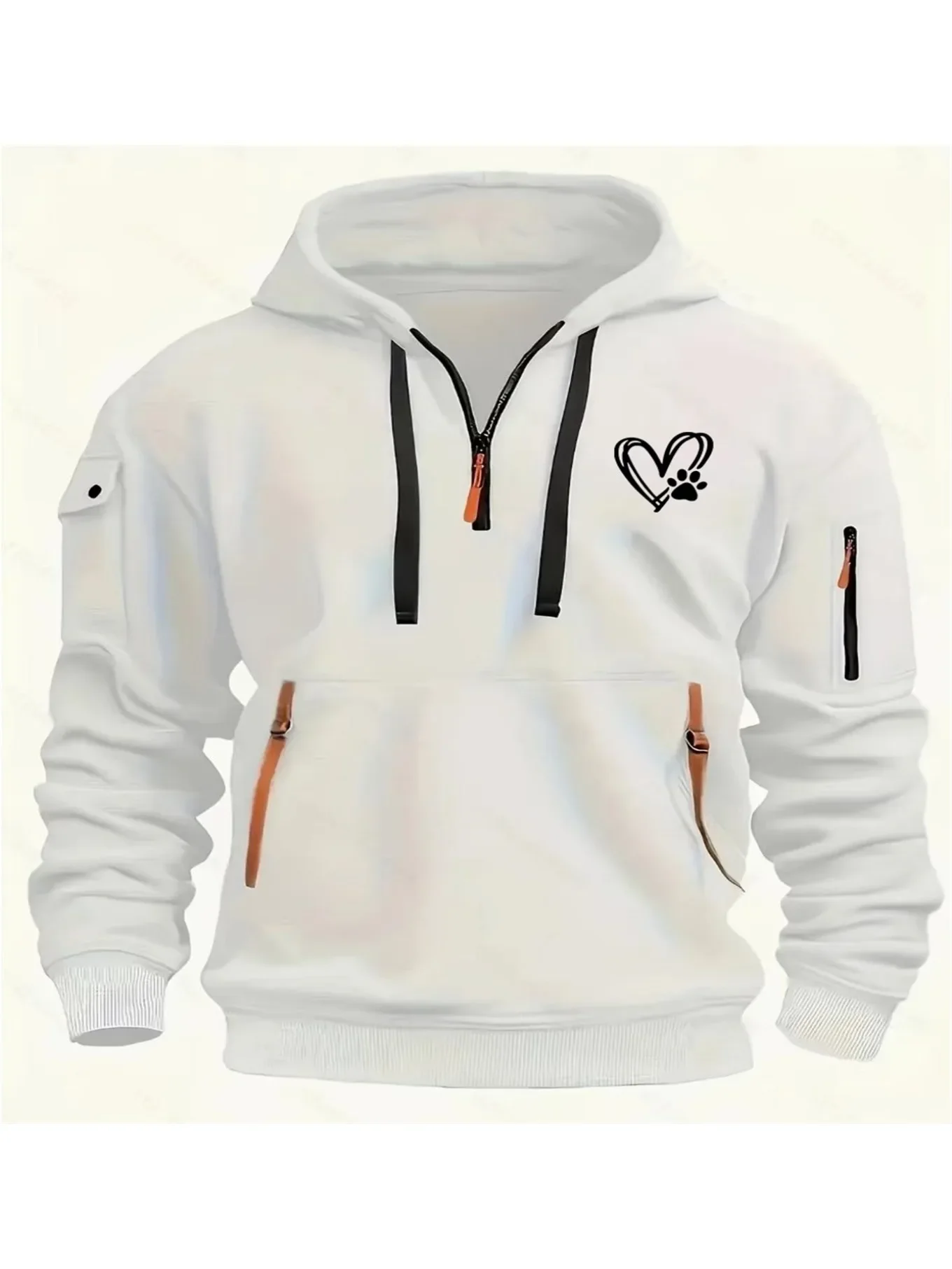 Men's and women's hooded hoodies autumn edition with multiple zippers and pockets, featuring a heart-shaped cat paw print