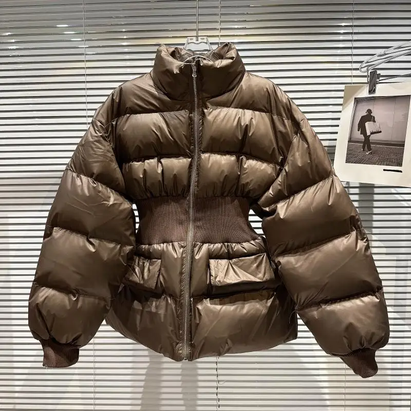 Giacca invernale imbottita in cotone con elastico in vita da donna nuova coreana Cappotto Parka in cotone femminile a maniche lunghe con colletto alla coreana nero color caffè