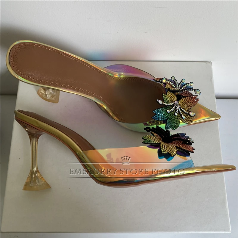 Iridescent Diamond Flower Modern Sandals Women Clear Crystal High Heel PVC Transparent Slingbacks Summer Mules