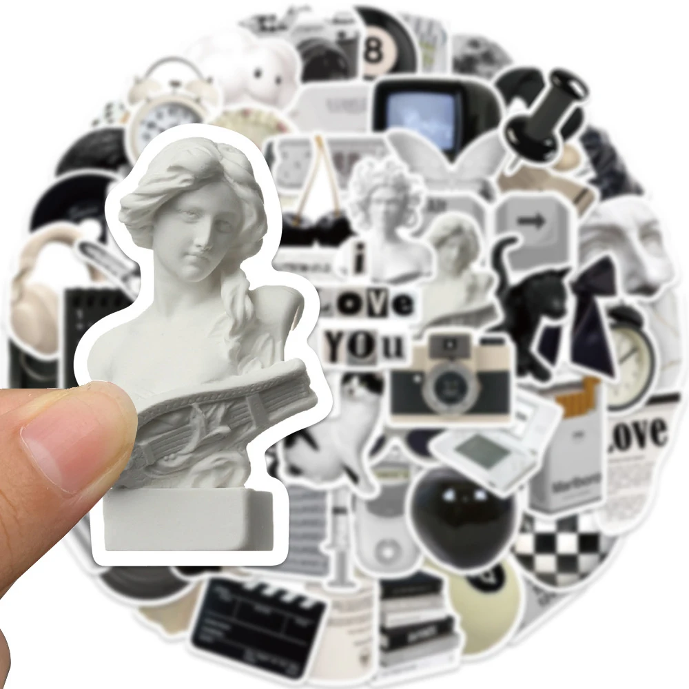 

10/30/61pcs Cute Black White Simple INS Stickers Aesthetic DIY Skateboard Guitar Scrapbook Laptop Artsy Cartoon Graffiti Sticker