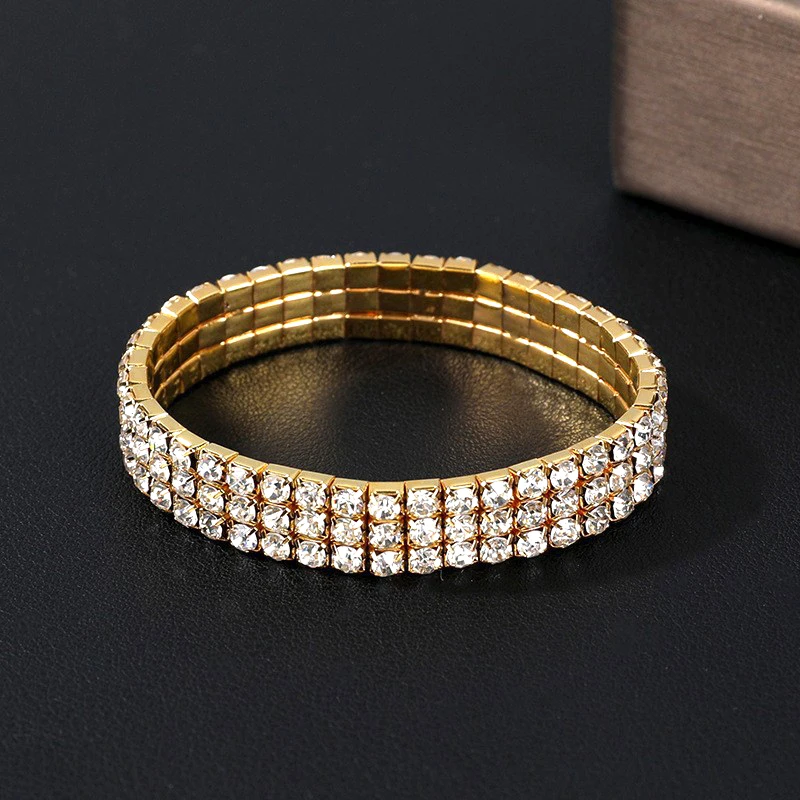 1-8Rows Full Rhinestone Crystal Bracelets For Women Fashion Silver Gold Color Elastic Bracelets Female Party Wedding Jewelry