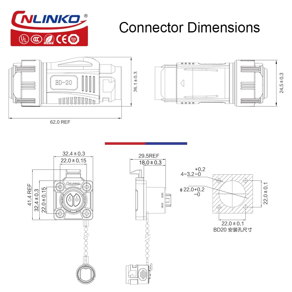 CNLINKO M20 PBT Plastic Waterproof Electrical Wire Connector IP68 2~14 Pin Panel Mount Quick Plug Socket for Industrial Use