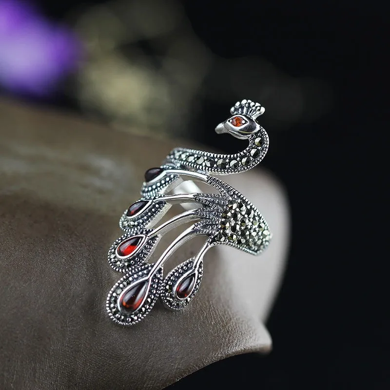 Pure silver black agate peacock ring for women  luxury jewelry Wedding party banquet accessories Unique design gift