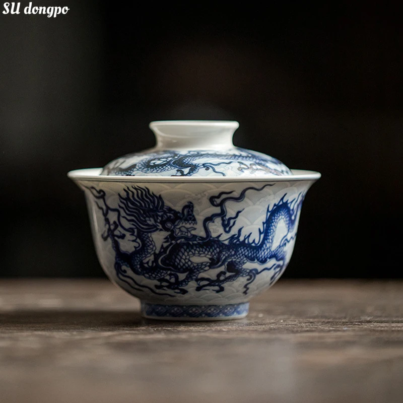 Retro Antique Blue and White Underglaze Color Dragon Gaiwan Chinese Kungfu Tea Making Bowl Tea House Household Bowl