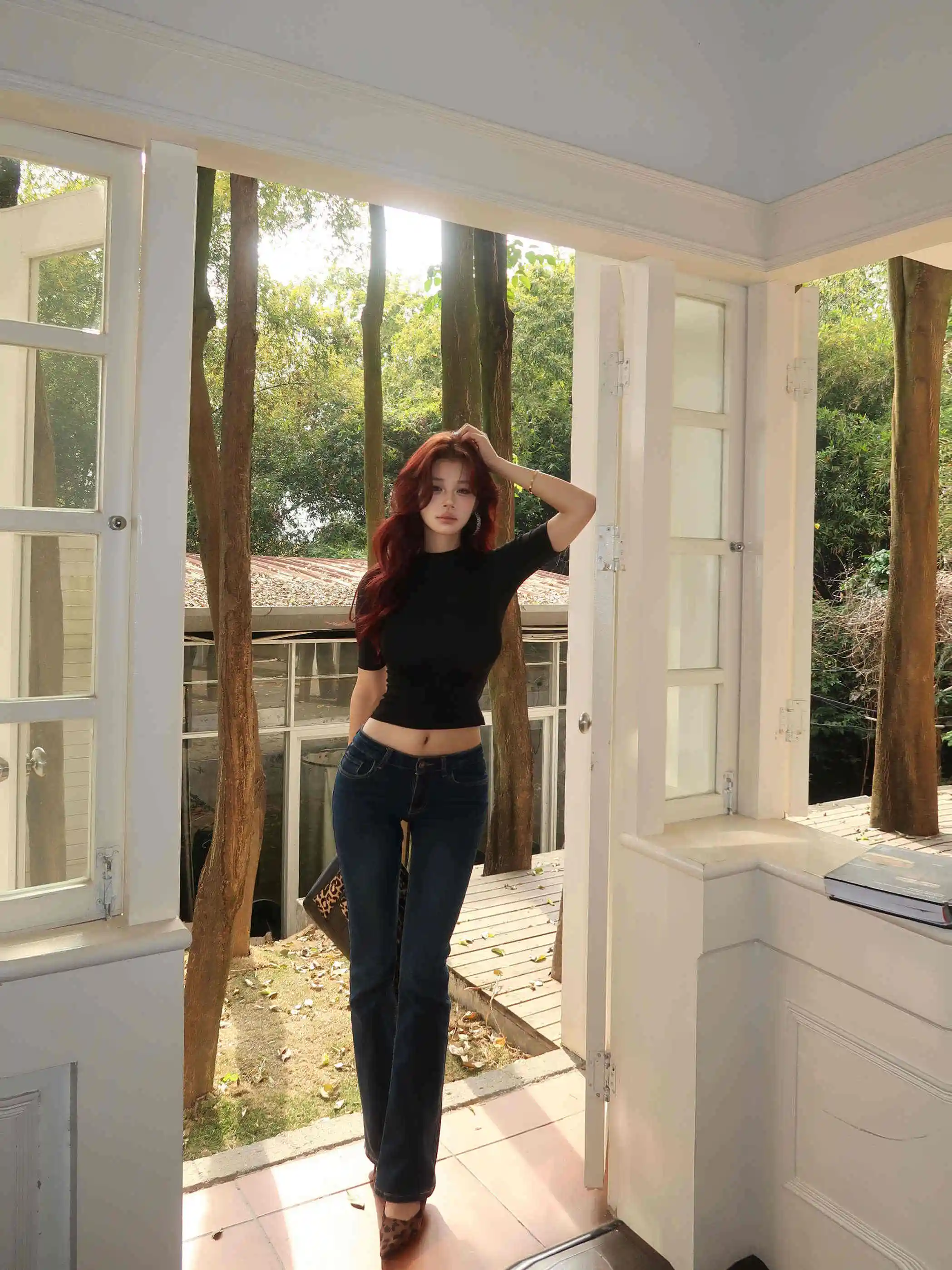 

Retro Waed Mid-Waist Flared Jeans Women's Slim Fit Elastic Slimming Long Pants Korean Sle Cotton Stretch Denim Summer Wear