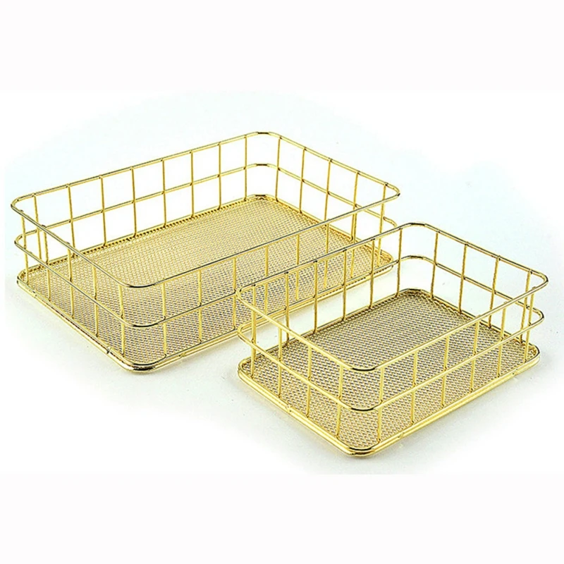 Gold Wire Mesh Basket Iron Storage Basket Desk Drawer Countertop Freezer Organizer Bins for Home Office Kitchen Bathroom Decor