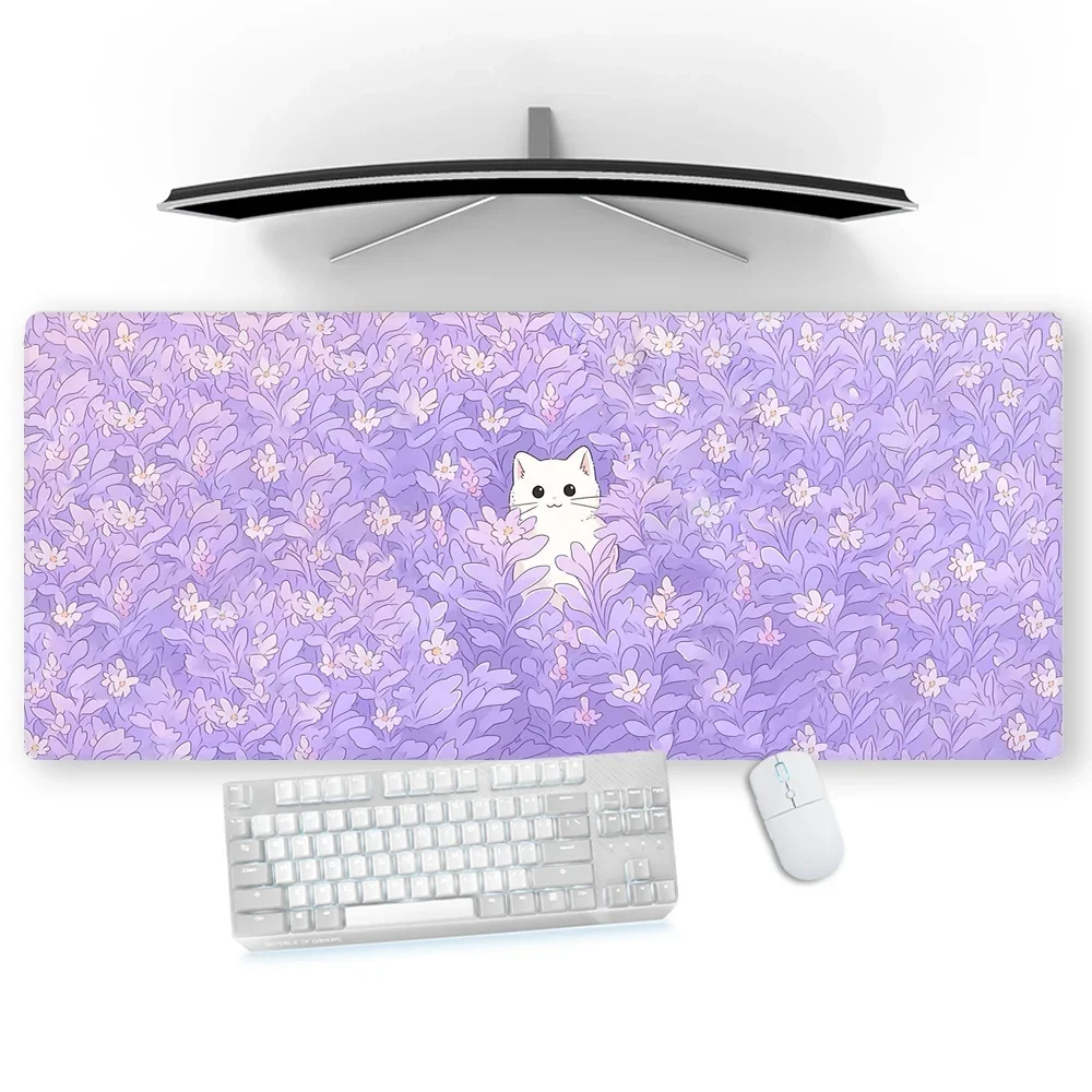 Large 80x30 Mouse Pad Kawaii Pastel Cat Mousepad Purple Office Accessories Deskpad Cute Table Carpet Custom Desk Protection Mat