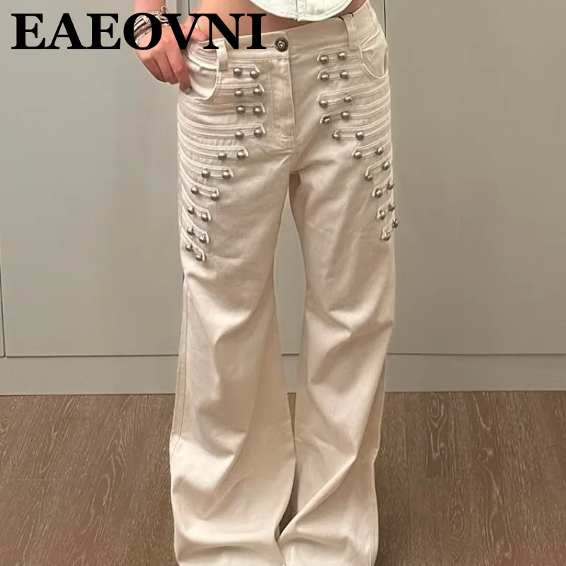 American Retro Metal Buckle Design Y2K Women Jeans New Gothic Street Loose Wide-Leg Floor Mopping Trendy Streetwear Denim Pants