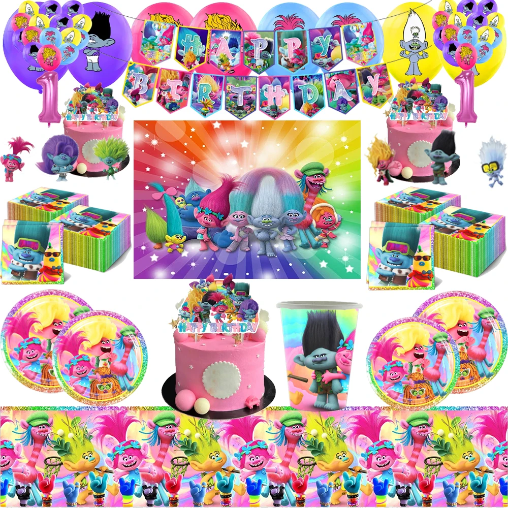 Disney Trolls Balloons Fairy Girl Magic Hair Elves Ballons Party Happy Birthday Banner Cake Topper Background Stickers Tableware