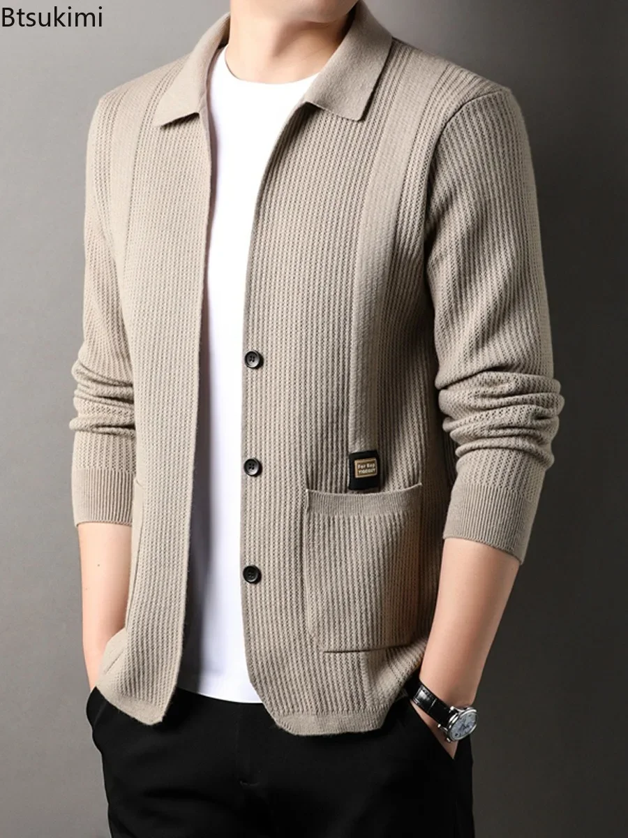 High Quality Men's Knitted Cardigan Fashion Business Casual Lapel Jacquard Sweater Coats Comfort Versatile Knit Suit Jacket Male