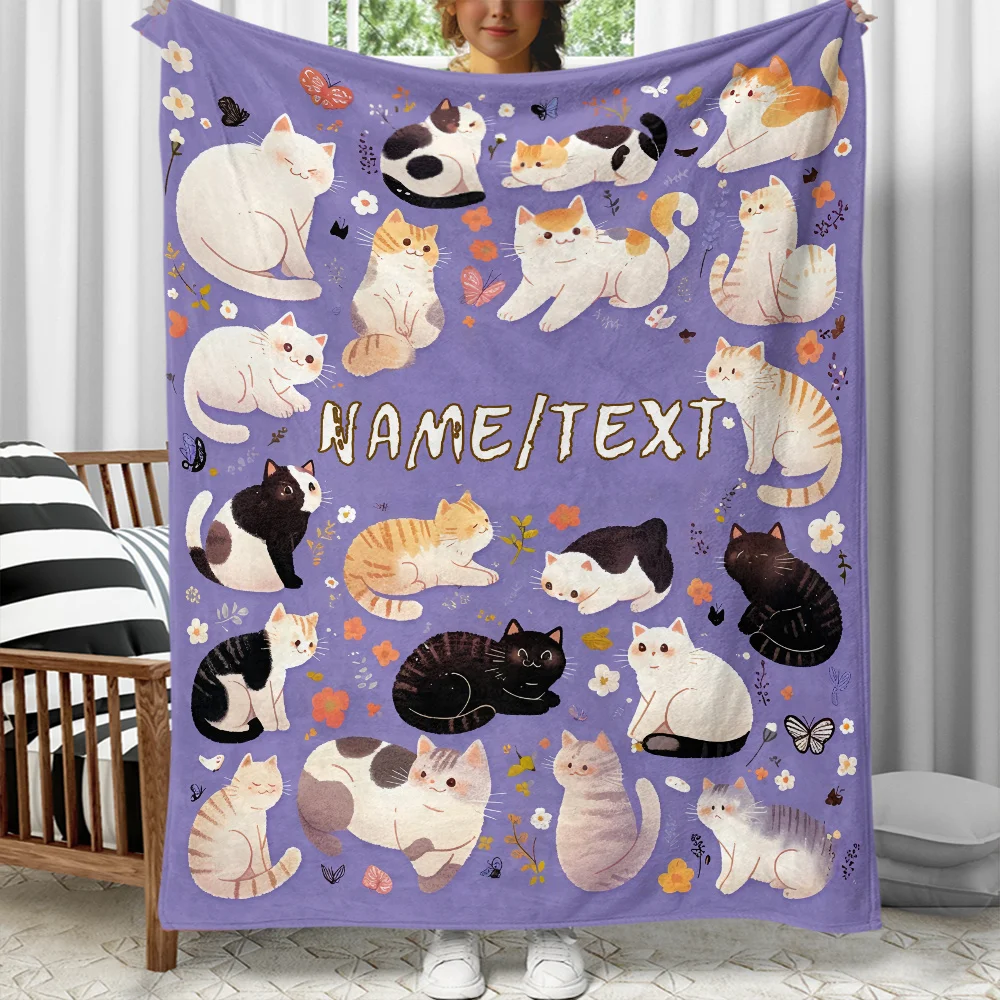 Personalized Purple Cartoon Cat Flannel Throw Blanket Warm for Couch, Bed, Travel, Camping | Custom Name Option