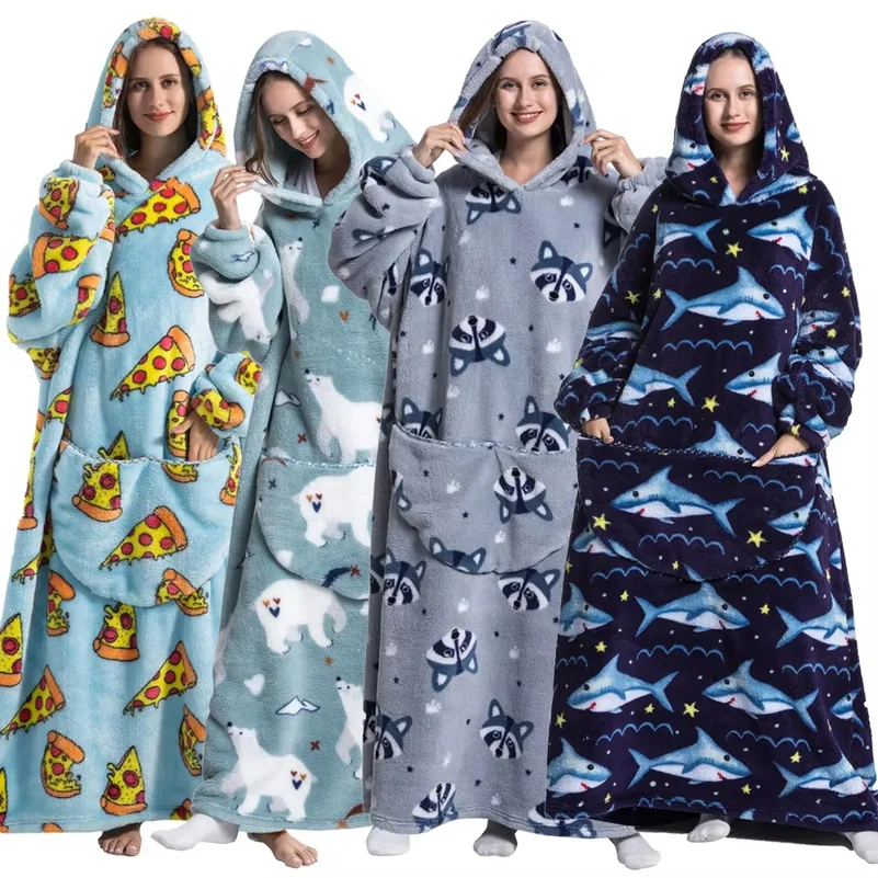 Winter Plush Blankets Wearable Soft Warm Oversized Blanket Hoodie Long Cute Men Women Sherpa Fleece Adult Blanket with Sleeves
