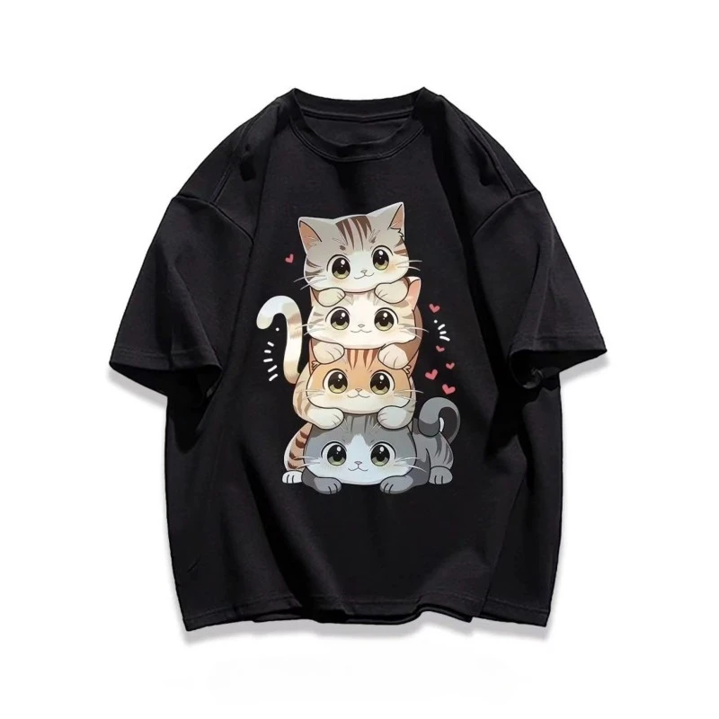 

New Summer Men and Women T-Shirt Cute Kitten Personality Trend Loose Casual Crew Neck Couple Short Sleeve Top