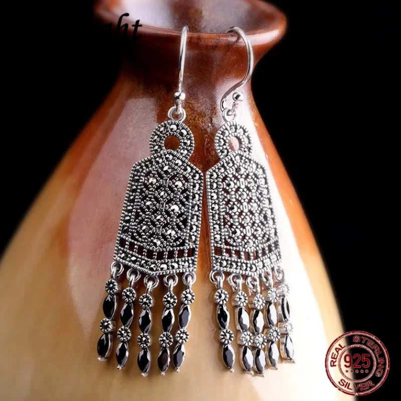 

NEW S925 Sterling Silver Earrings for Women New Fashion Simple Tassel Garnet Agate Ear-drop Jewelry