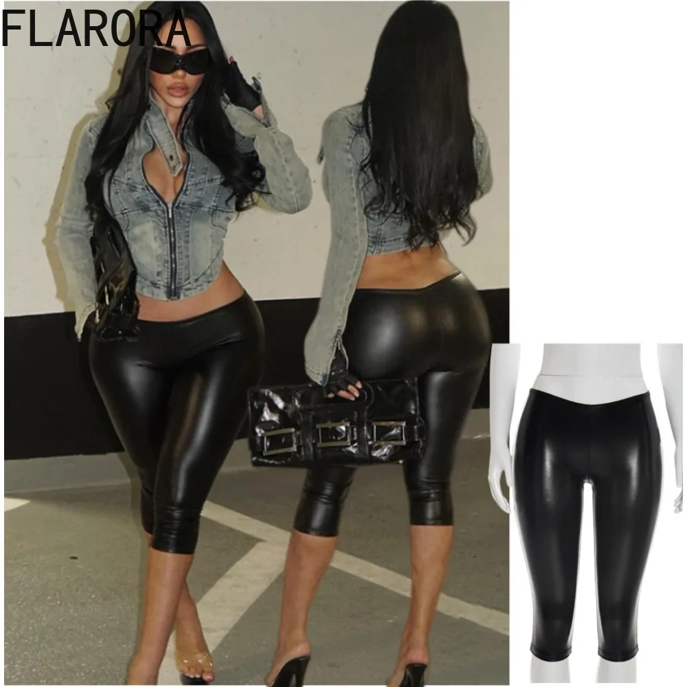 

FLARORA Fashion Black Low Waist Capri Pants Woman Summer Sexy Solid Skinny Peach Hip Pant Female Y2K Street Matching Bottoms
