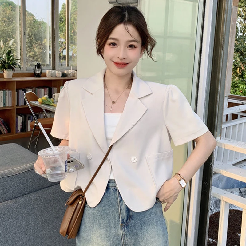 Summer Korean Cropped Blazers for Women Thin Short Sleeve Suit Jacket Woman Solid Color Single Breasted Office Outwear Ladies