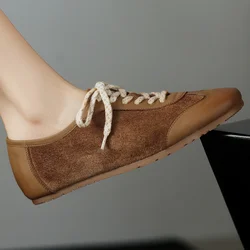 Women's genuine leather patchwork lace-up flats sneakers leisure high quality soft comfortable daily walking shoes for woman hot