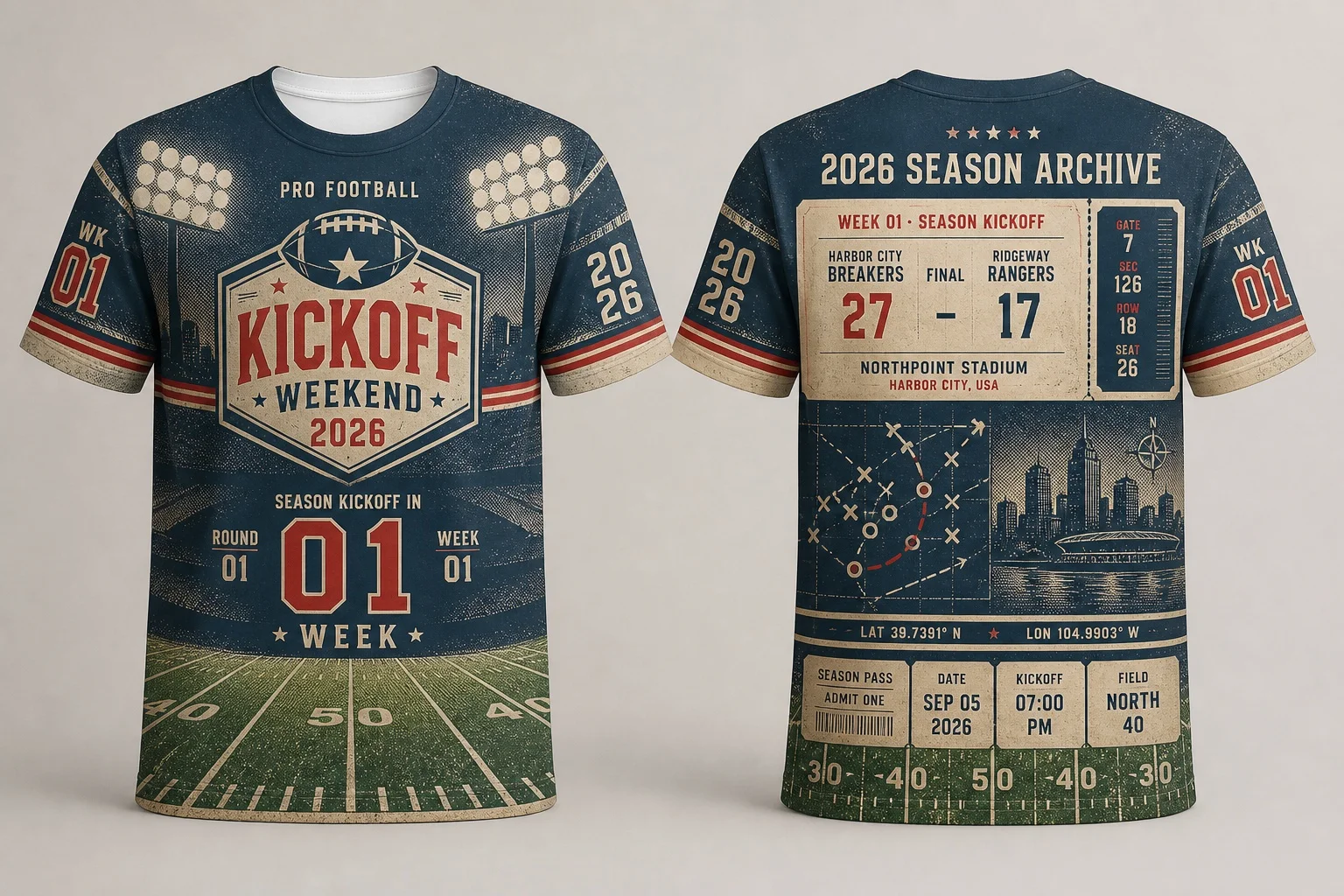 Vintage Weekend American Football All Over Print T Shirt Parent Child Retro Stadium Graphic Short Sleeve Sports Fan Casual Tee