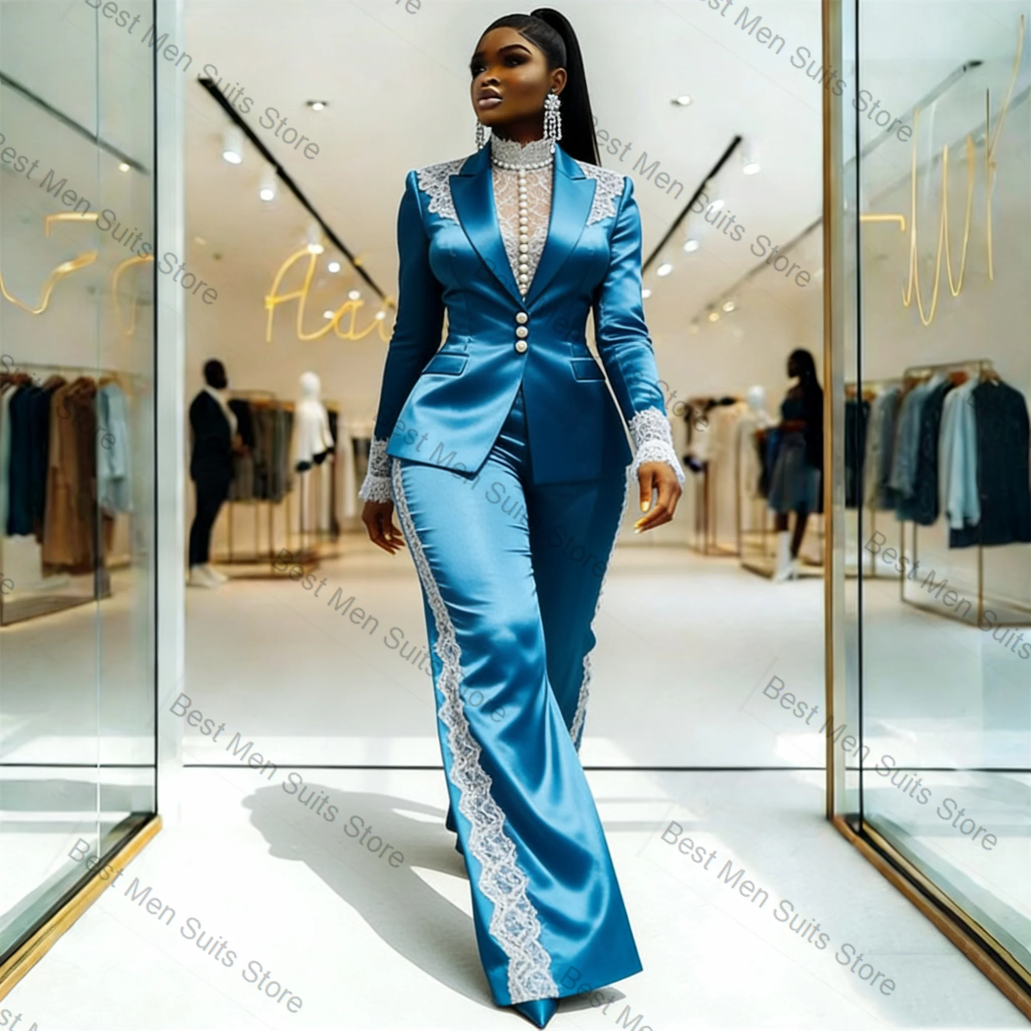 Blue Satin Women Suit Set 2 Pcs Blazer Pants Trousers White Lace Formal Office Jacket Customized Wedding Tuxedo Guest Coat