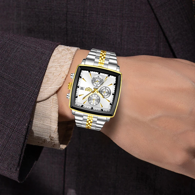 LIGE Business Men's Watches Square Waterproof Luminous Sports Quartz Watch Stainless Steel Strap Calendar Relogios Masculino+Box view 5