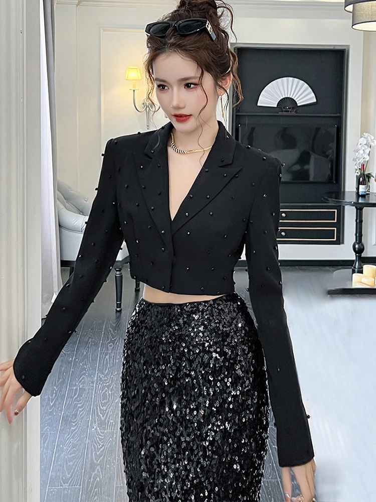 Fashion Chic Women's Blazer Office Lady Bright Black Long Sleeve Short Casual Party Coat Ladies Outerwear Stylish Cropped Tops