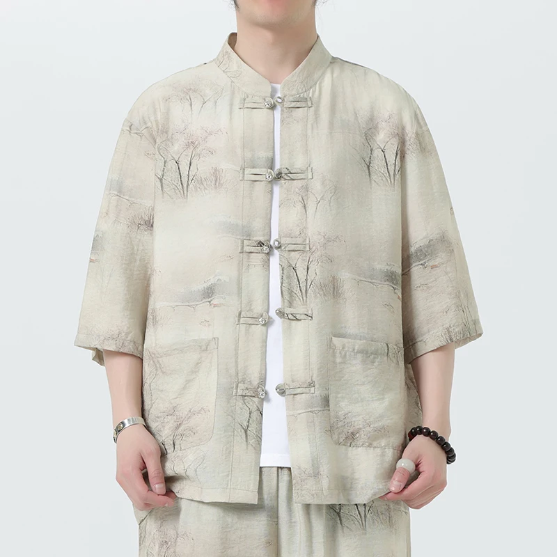 

Men Summer Chinese Style Shirt Top Mandarin Collar Half Sleeve Shirt Traditional Kung Fu Tai Chi Shirt Tang Top Uniform M-XXXXXL