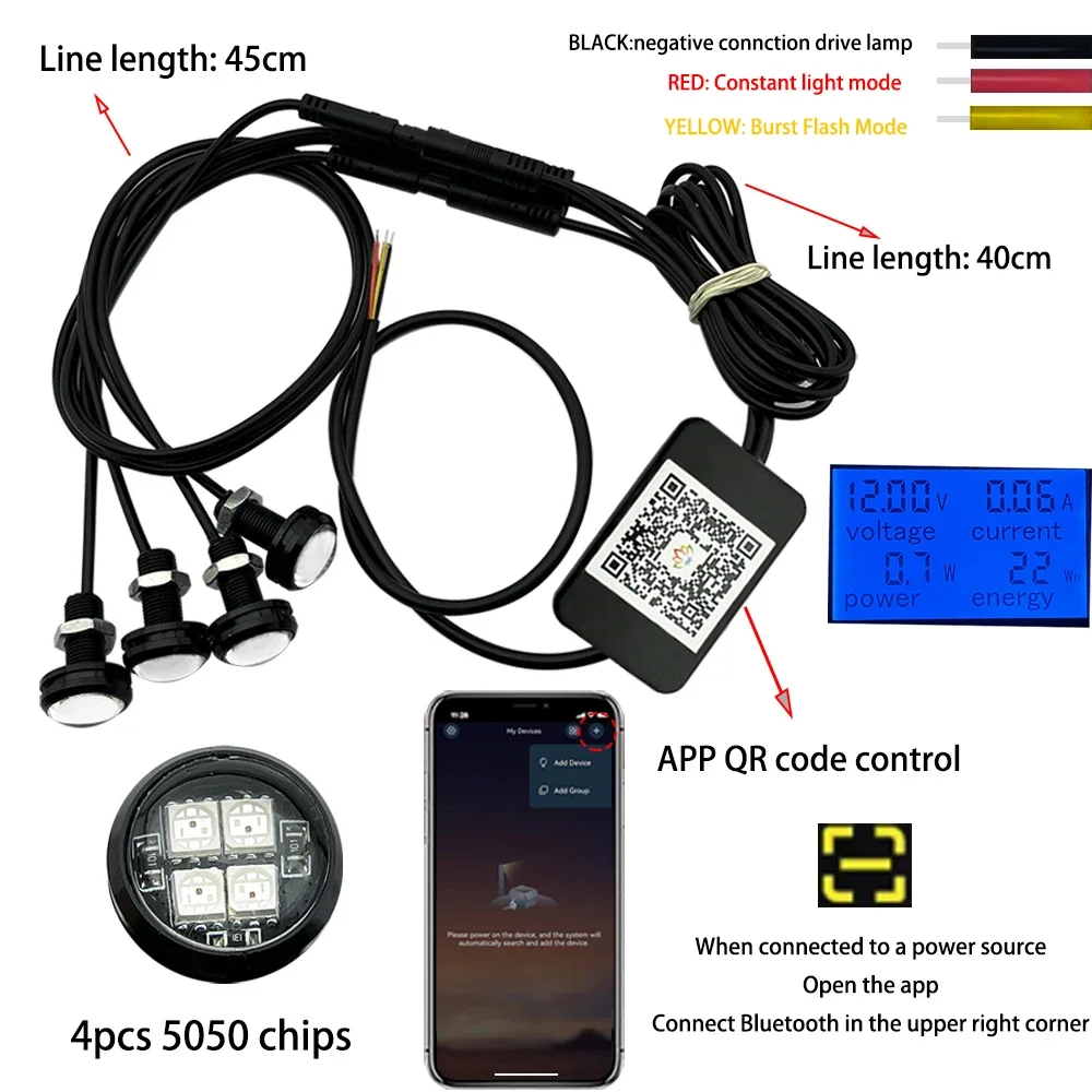 4 Stück 23 mm Eagle Eye LED-Licht, mehrere Farblichter mit APP-Steuerung, Tagfahrlicht für Auto, LKW, Motorrad, 12 V.
