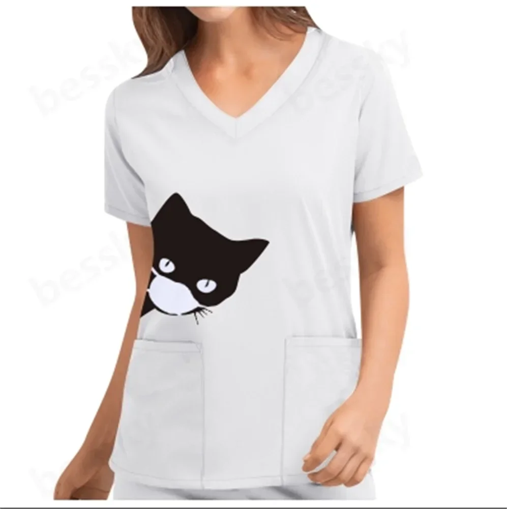 

Women's cat short sleeved V-neck pocket caregiver shirt