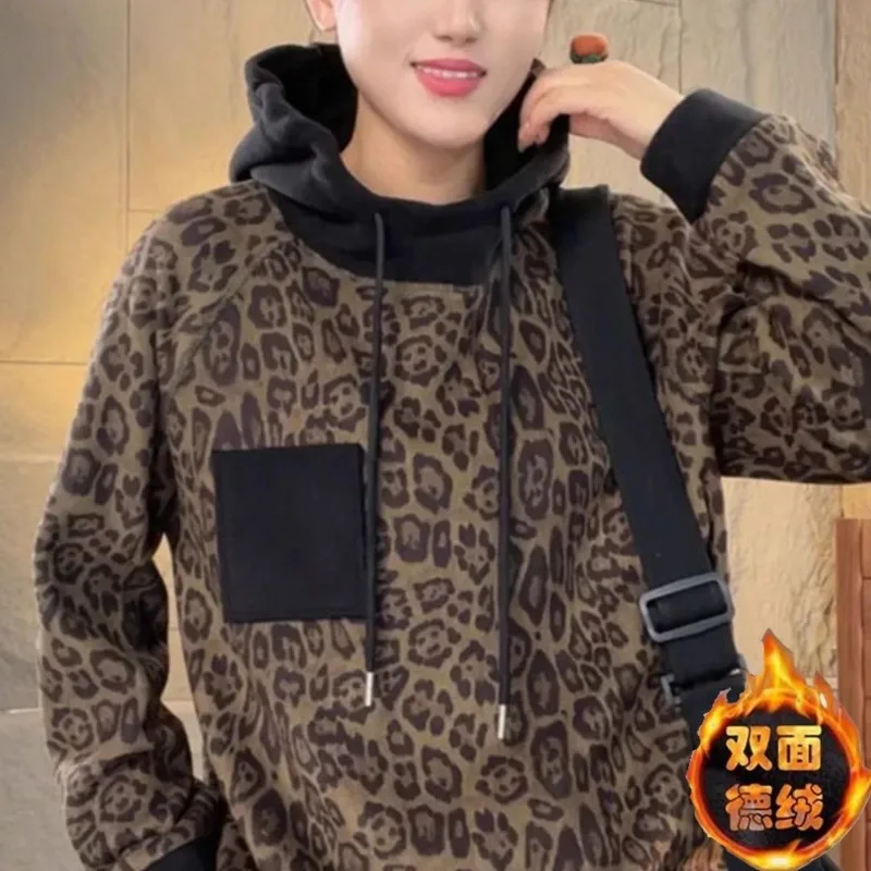 

Женская толстовка с леопардовым принтом, двусторонняя бархатная толстовка с карманами, уличная толстовка в американском стиле ретро, базовый слой с капюшоном