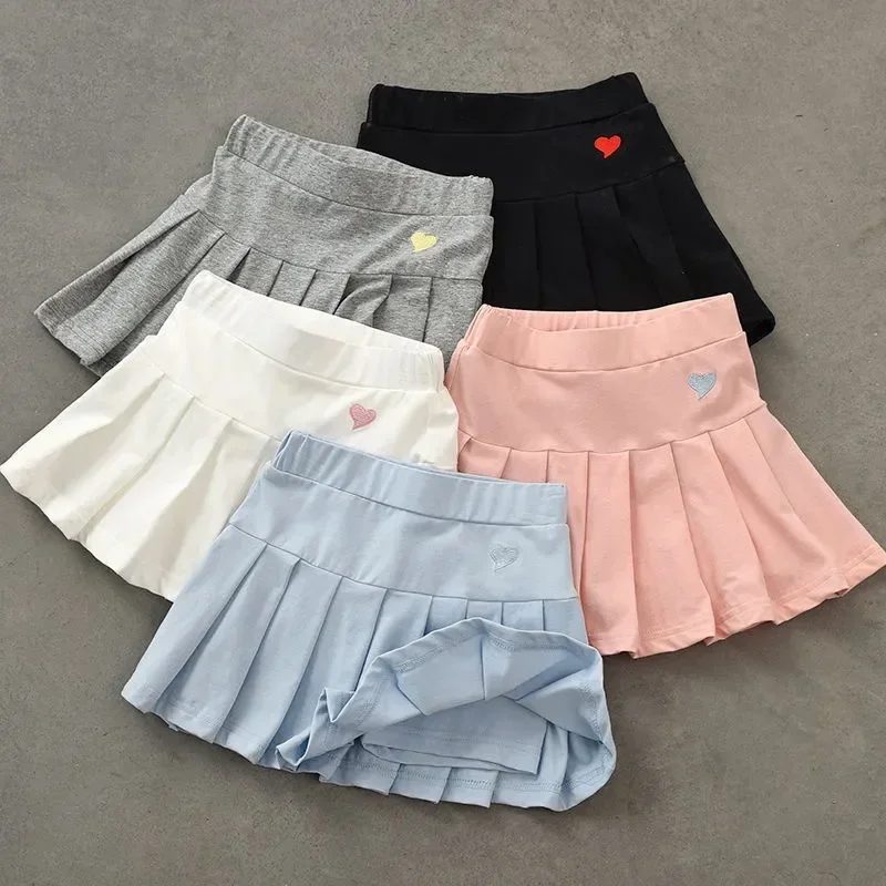 Saias de estudante para meninas, saia de verão com calça de segurança interna, culottes plissados com tudo, vestido médio e pequeno, novo