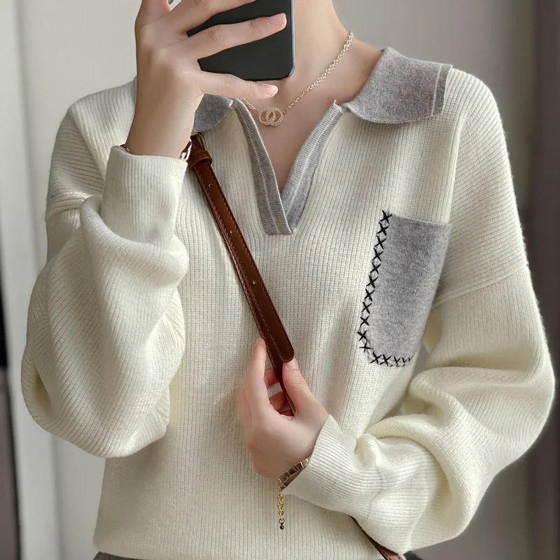 New Autumn And Winter College Style POLO Collar Wool Women's Loose Lazy Wind Age-Reducing Sweater Knitted Bottoming Shirt