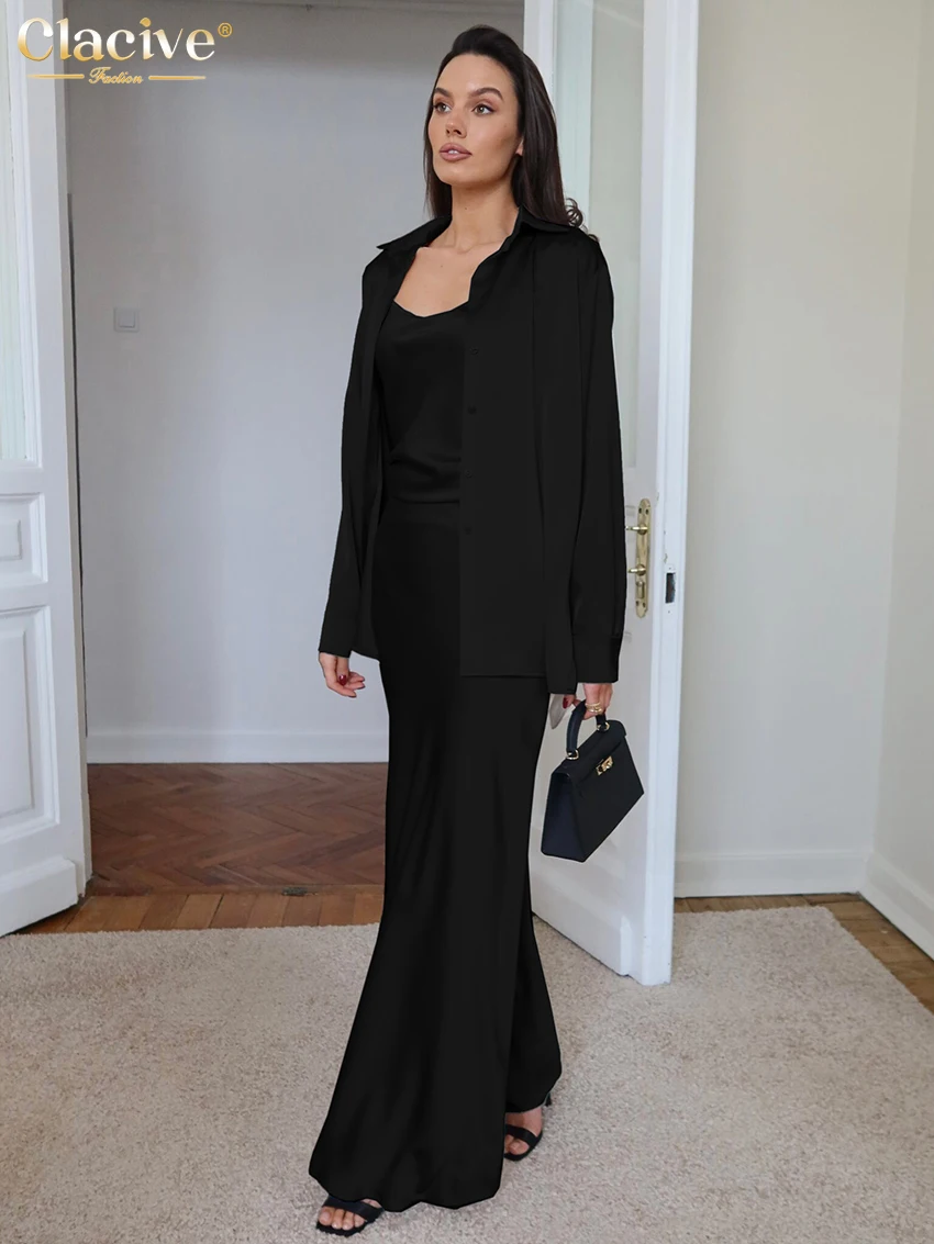 

Clacive Fashion Loose Brown Satin Two Piece Outfits Woman 2025 Elegant Long Sleeve Shirt With Sleeveless Long Dress Set Female