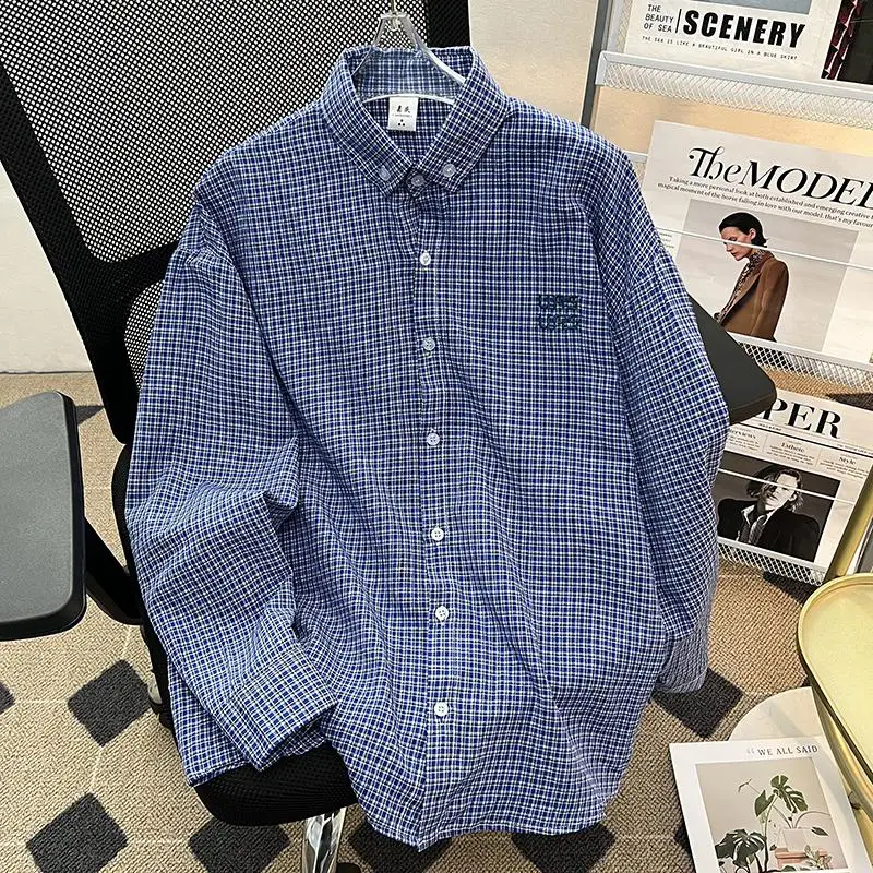 

Blue Plaid Loose Fit Casual irt with Embroidery Turn-down Collar ex 2026 New Korean Sle American Collar Jaet