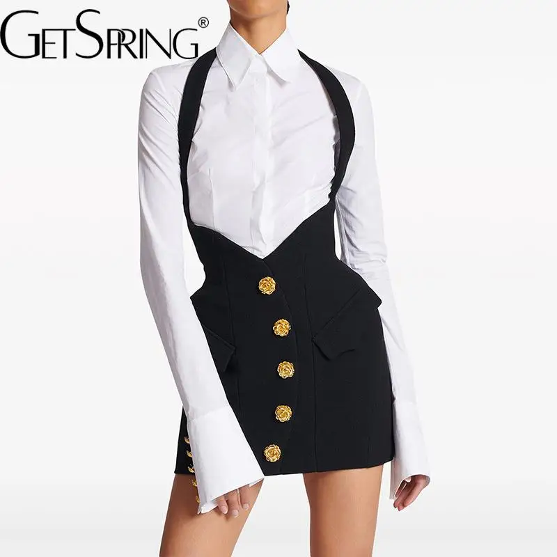 GetSpring Women Skirt Sets 2024 Autumn New Long Sleeve White Shirt Rose Metal Buckle Wrap Hip Black Mini Skirt Two Pieces Sets