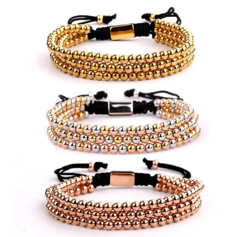 Handmade 4mm Copper Beaded Bracelet Woven Adjustable Gold Plated Beads Bracelets for Women Men Multilayer Beaded Pulseras