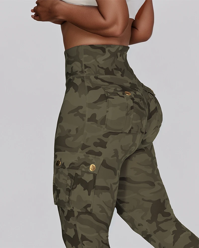 High Waist Camouflage Print Skinny Casual Leggings with Buttoned Pocket Pants