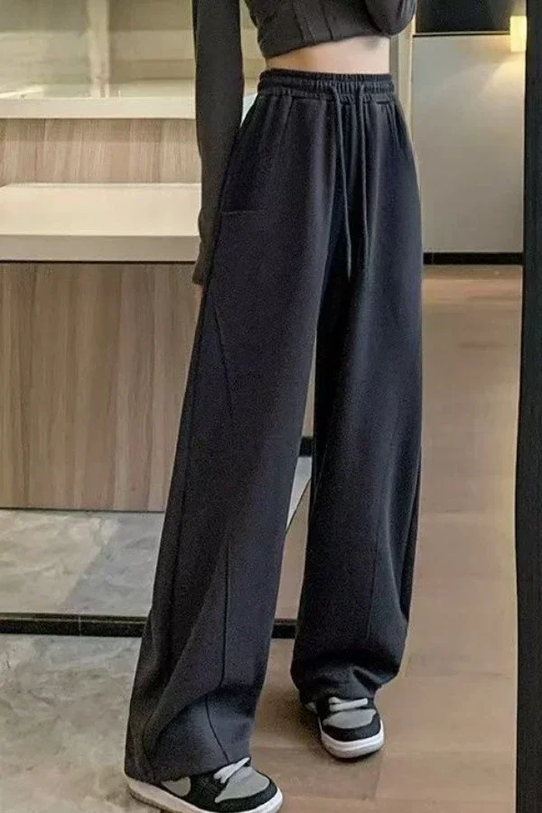 Zwarte hiphop damesbroek met rechte pijpen en witte grafische prints - Casual losse pasvorm, broek met elastische tailleband