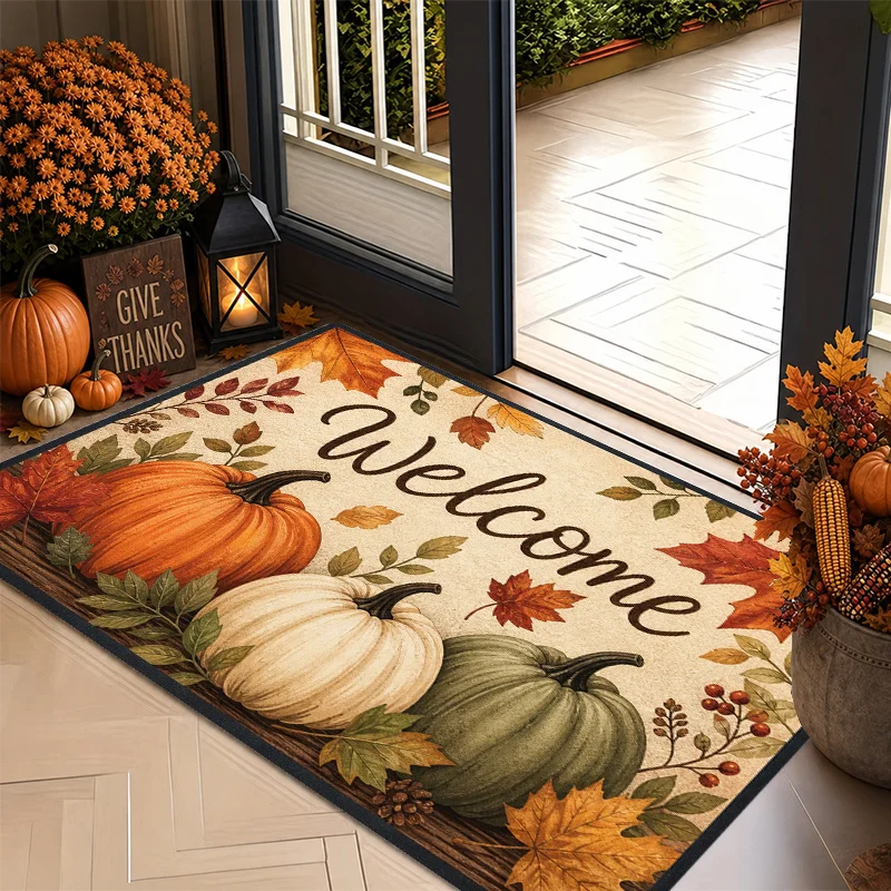 Pumpkin and Maple Leaf Printed Pattern Store Autumn Farmhouse-style Decorative Carpet area rug room decor