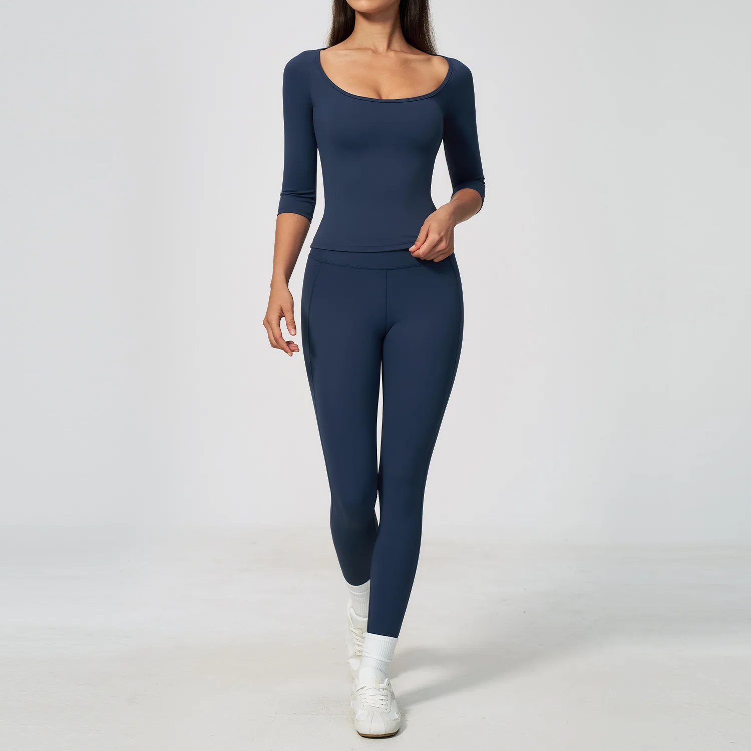 2Pcs Yoga Set Women Scoop 3/4 Sleeve Top Halter Sports Bra Butt Lifting High Waist Leggings Fitness Running Workout Gym Clothing
