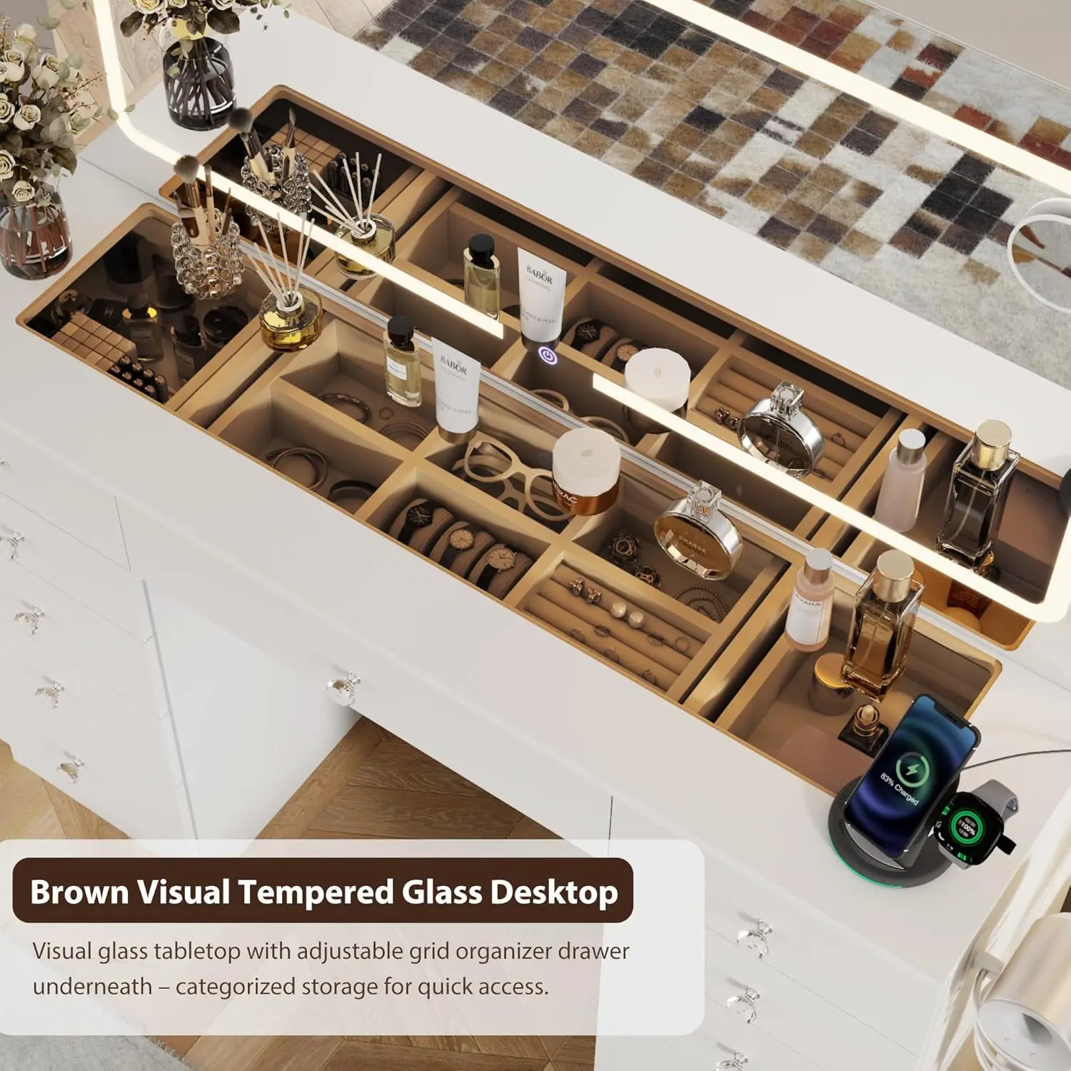 White Makeup Vanity for Bedroom, Glass Top, 11 Drawers, 3 Lighting Modes Adjustable Brightness view 4