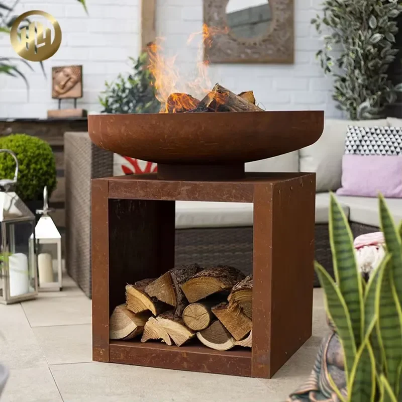 Outdoor Heating Corten Steel Round Fire Pit with Rusty Finish Heat-Resistant 2mm Thick Firewood Storage Wood Burning Hao Yang